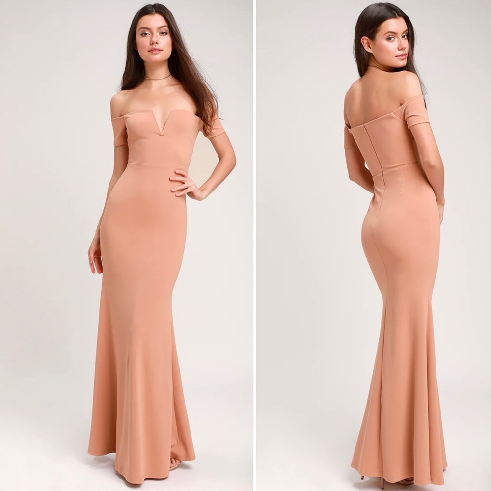 Lulus Nude Off-the-Shoulder Maxi Dress Sand Color Mermaid Long L Large Neutral